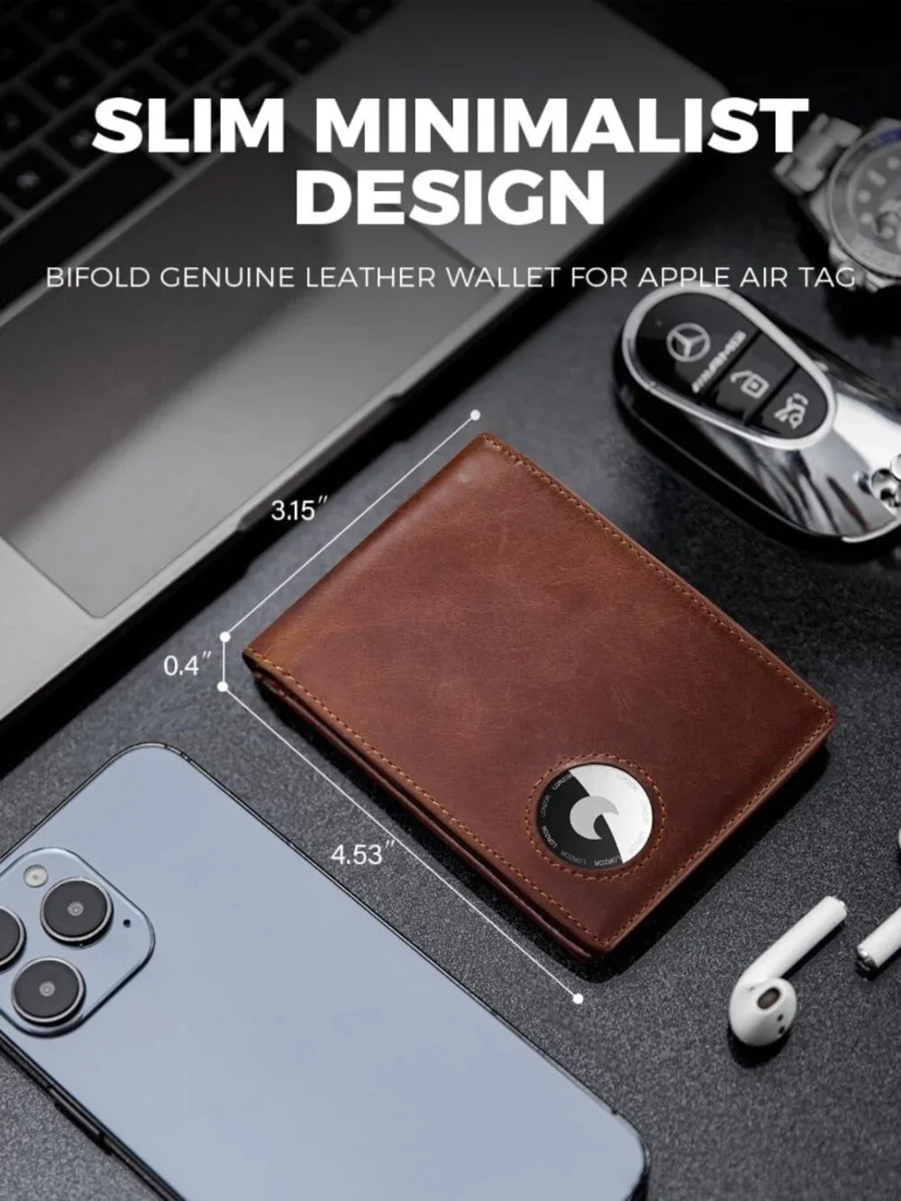 Minimalist Bifold Leather Wallet with AirTag Holder, RFID Blocking, 12 Card